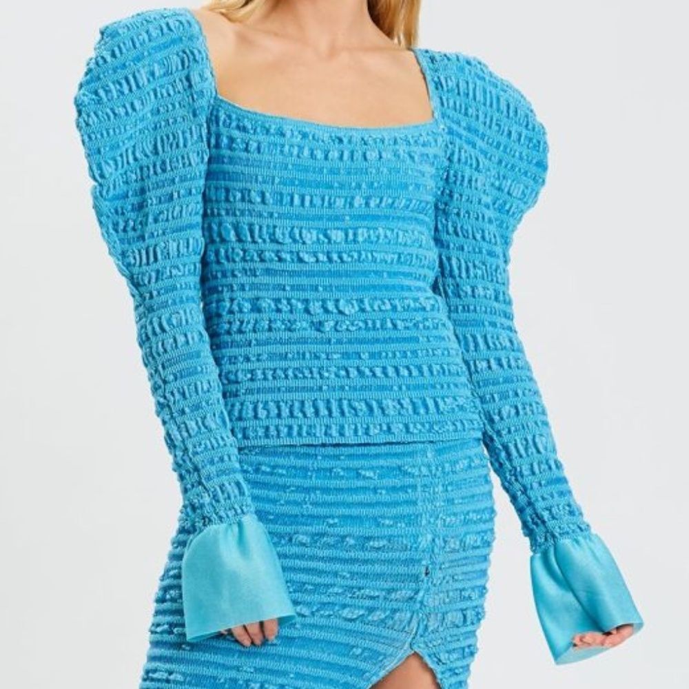 NWT Herve Leger Tahitian Textured Stitch Strong Shoulder Full Top Size L